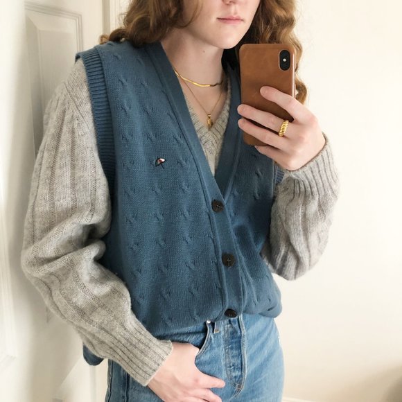 Vintage Oversized Cable Knit Button Up Sweater Vest Grandpa Preppy Academia Cool - Picture 13 of 13